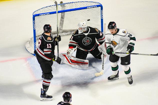 Utah Grizzlies forward Joe Wegworth in front of the Rapid City Rush net