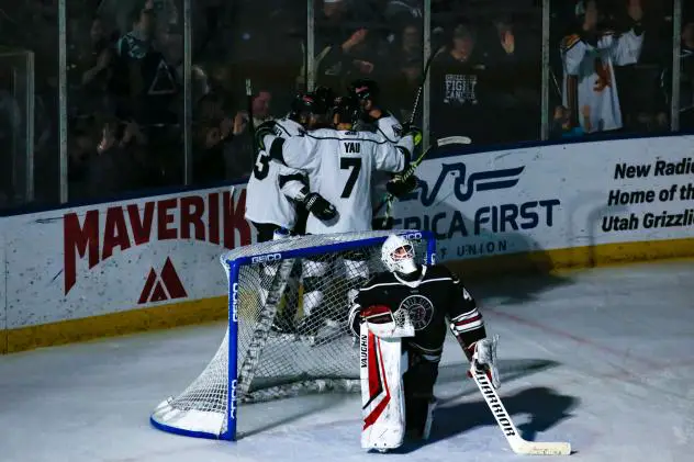 Utah Grizzlies celebrate a goal against the Rapid City Rush