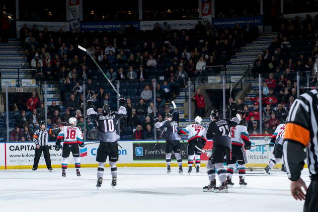 Vancouver Giants left wing Zach Ostapchuk (10) celebrates a goal against the Kelowna Rockets
