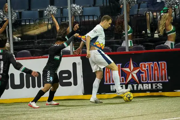 Dallas Sidekicks' Felipe De Sousa admires Nick Perera's Tacoma Stars jersey