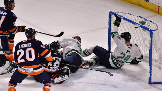 Patrick Bajkov of the Greenville Swamp Rabbits scores to send the game to overtime