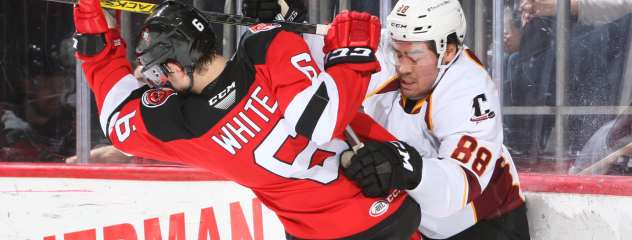 Binghamton Devils defenseman Colton White takes a shot against the Cleveland Monsters