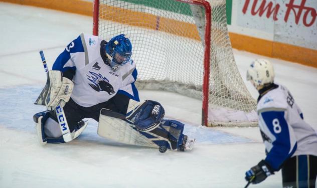 Saint John Sea Dogs goaltender Zachary Bouthillier makes a stop against the Baie-Comeau Drakkar