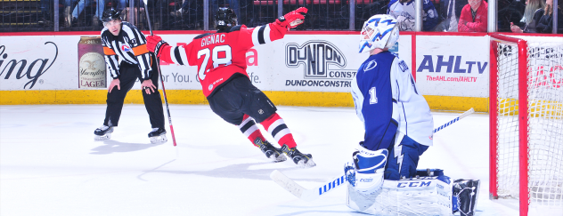 Binghamton Devils left wing Brandon Gignac celebrates his shootout goal against the Syracuse Crunch