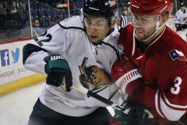 Allen Americans defenseman Stepan Falkovsky (right) vs. the Utah Grizzlies' Josh Dickinson