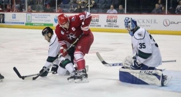 Jared VanWormer of the Allen Americans works against the Utah Grizzlies