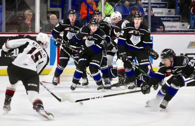 Vancouver Giants centre Holden Katzalay takes aim against the Victoria Royals