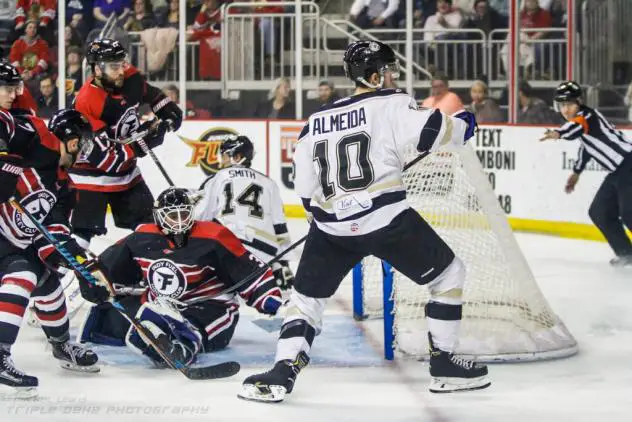 Justin Almeida of the Wheeling Nailers reacts after his score against the Indy Fuel