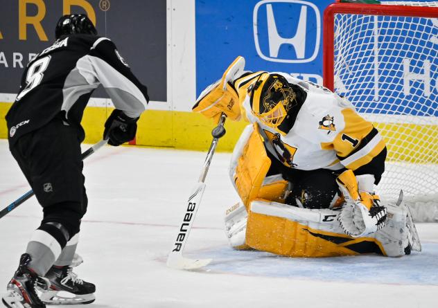 Joey LaLeggia of the San Antonio Rampage is stopped in the shootout by Wilkes-Barre/Scranton Penguins goaltender Casey DeSmith