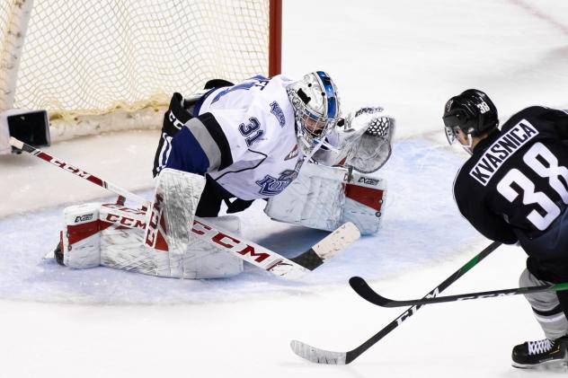 Vancouver Giants right wing Michal Kvasnica shoots against the Victoria Royals