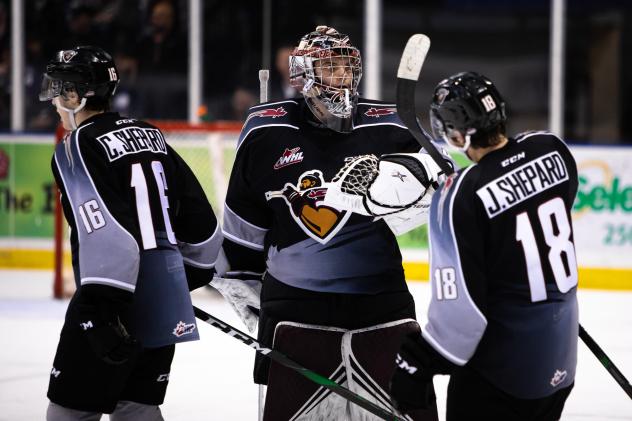 Cole Shepard, David Tendeck and Jackson Shepard of the Vancouver Giants