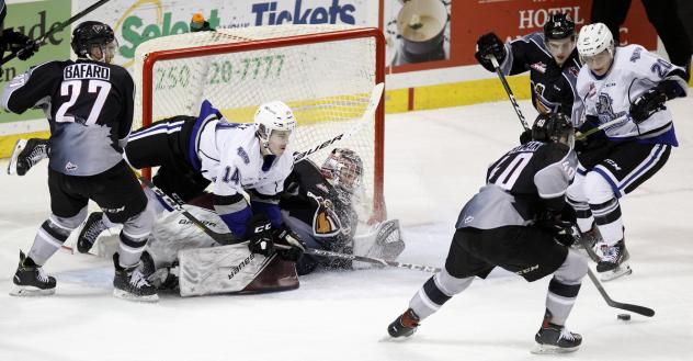 Vancouver Giants goaltender Trent Miner Clogs the goal against the Victoria Royals