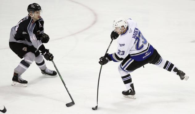 Vancouver Giants defenceman Bowen Byram (left) vs. the Victoria Royals