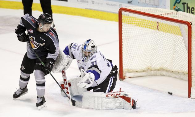 Vancouver Giants left wing Jackson Shepard scores against the Victoria Royals