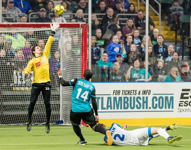 St. Louis Ambush defender Douglas Dos Santos takes a shot vs. Utica City FC