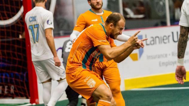 Florida Tropics forward Guilherme Dos Santos celebrates a goal against the Orlando SeaWolves