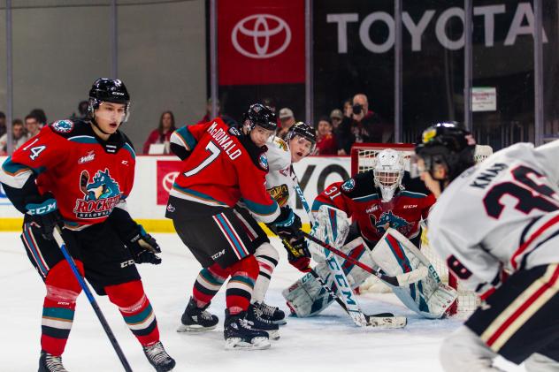 Kelowna Rockets defense sets up in front of goaltender Cole Schwebius