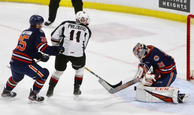 Vancouver Giants right wing Tyler Presiuso takes a shot against the Kamloops Blazers