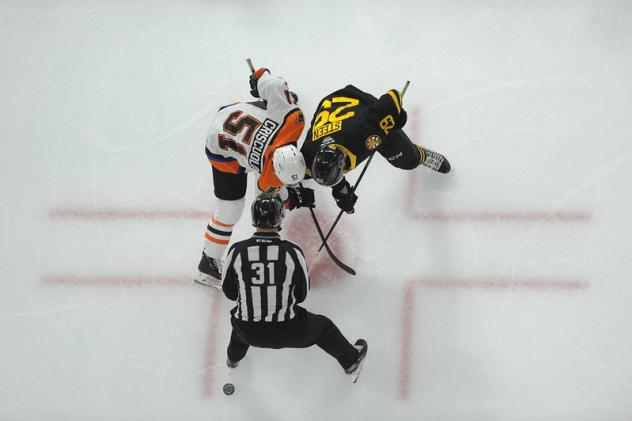Kyle Criscuolo of the Lehigh Valley Phantoms faces off against the Providence Bruins