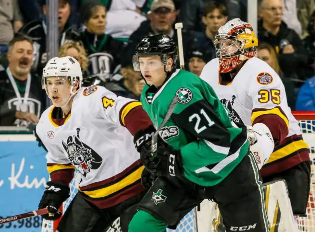 Texas Stars left wing Riley Tufte vs. the Chicago Wolves