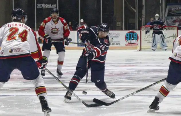 Macon Mayhem defenseman Ben Campbell vs. the Peoria Rivermen