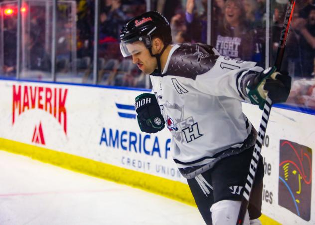 Utah Grizzlies forward Mitch Maxwell reacts after his shootout winner