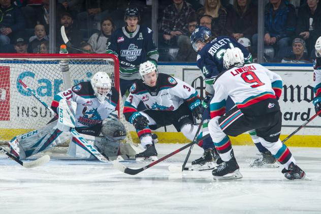 Kelowna Rockets goaltender Cole Schwebius vs. the Seattle Thunderbirds