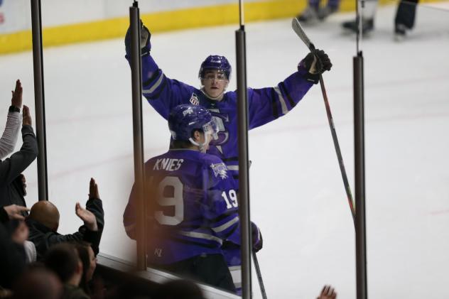 Tri-City Storm celebrate a goal against the Fargo Force