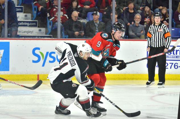 Vancouver Giants right wing Tyler Presiuso vs. the Kelowna Rockets