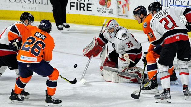 Adirondack Thunder goaltender Sean Romeo turns away the Worcester Railers