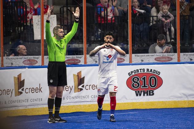 Kansas City Comets midfielder Ignacio Flores reacts after a goal against the Rochester Lancers