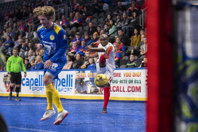 Leo Gibson of the Kansas City Comets launches a shot vs. the Rochester Lancers