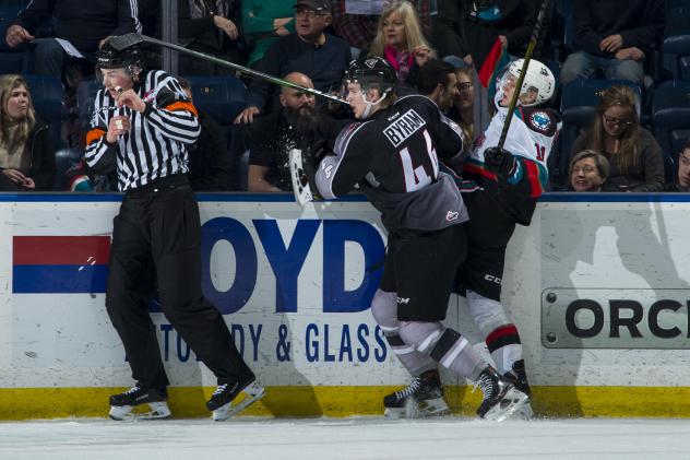 Vancouver Giants defenceman Bowen Byram vs. the Kelowna Rockets