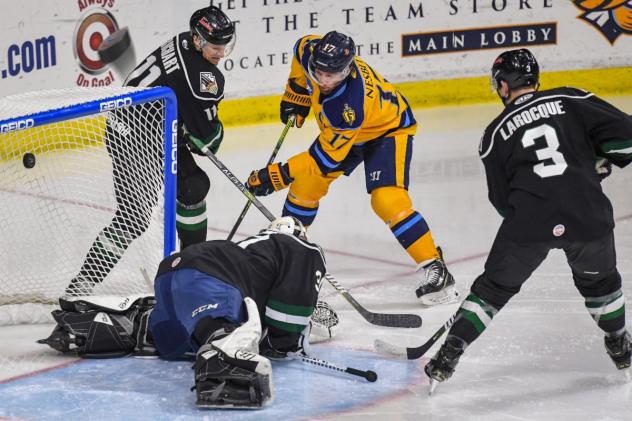 Derek Nesbitt of the Atlanta Gladiators scores against the Utah Grizzlies