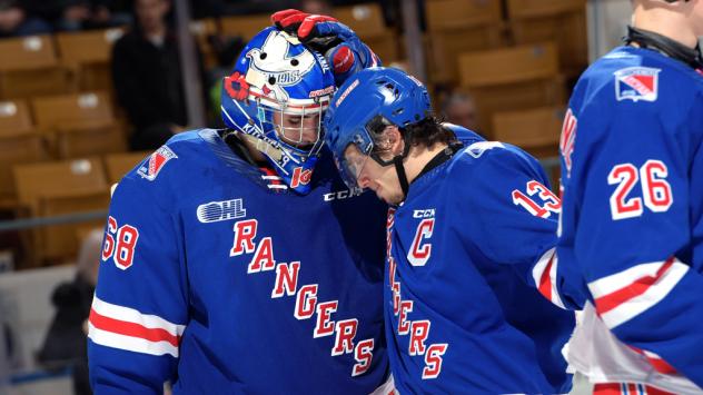 Kitchener Rangers goaltender Jacob Ingham and centre Riley Damiani