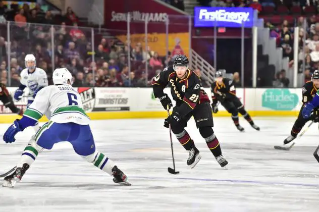 Cleveland Monsters center Stefan Matteau vs. the Utica Comets