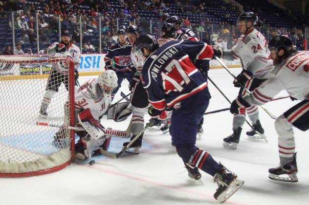 David Powlowski of the Macon Mayhem takes a shot against the Huntsville Havoc