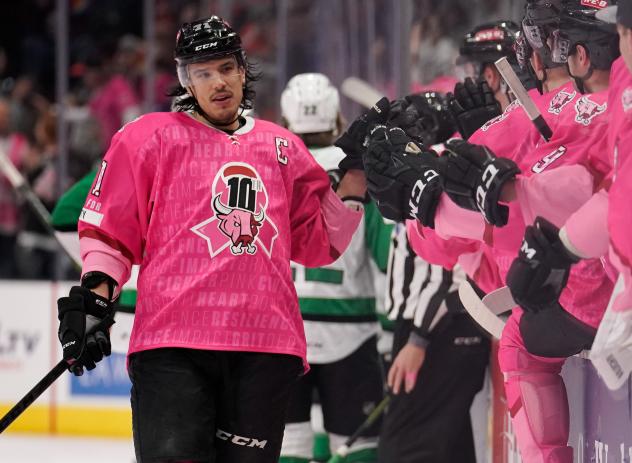 San Antonio Rampage captain Jordan Nolan celebrates a goal during Pink in the Rink game
