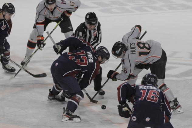 Tulsa Oilers forward Cory Ward faces off with the Kansas City Mavericks