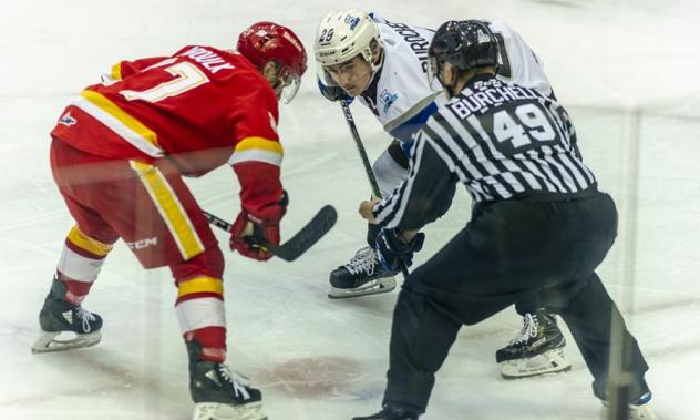 Jeffrey Durocher of the Saint John Sea Dogs (right) faces off with the Baie-Comeau Drakkar