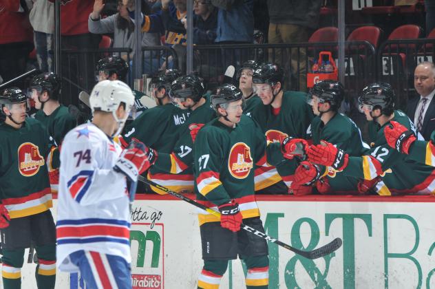 Binghamton Devils right wing Marian Studenic get high fives from his bench during a game against the Rochester Americans
