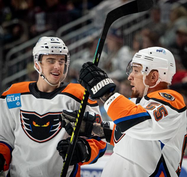 Lehigh Valley Phantoms right wing Chris Stewart (right) describes his goal