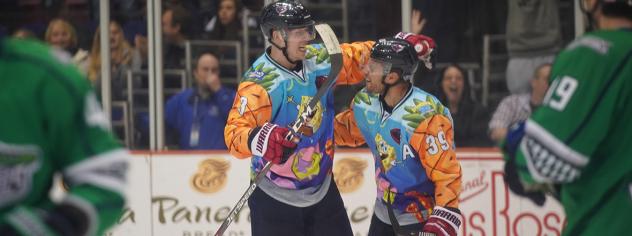 South Carolina Stingrays exchange congratulations in their SpongeBob SquarePants jerseys