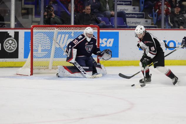 Vancouver Giants left wing Jackson Shepard (right) skates in against the Tri-City Americans
