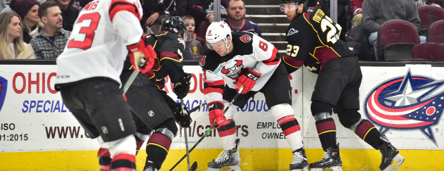 Binghamton Devils defenseman Josh Jacobs vs. the Cleveland Monsters