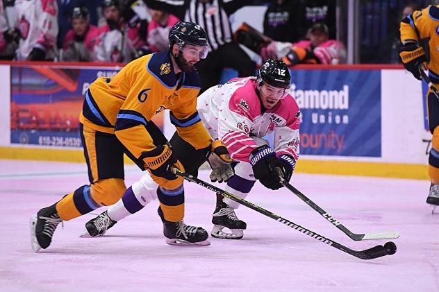 Atlanta Gladiators defenseman Robbie Hall (left) vs. the Reading Royals