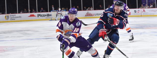 South Carolina Stingrays defenseman Neal Goff (right) vs. the Orlando Solar Bears