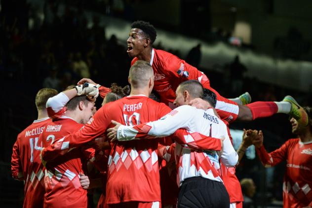 Tacoma Stars celebrate a goal against the Cal Turlock Express