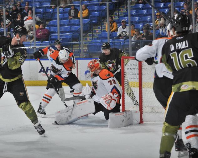 Lehigh Valley Phantoms goaltender Kirill Ustimenko vs. the Wilkes-Barre/Scranton Penguins