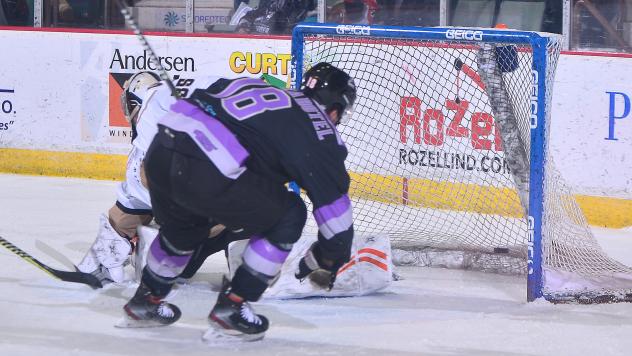 Casey Pierro-Zabotel of the Adirondack Thunder scores vs. the Newfoundland Growlers